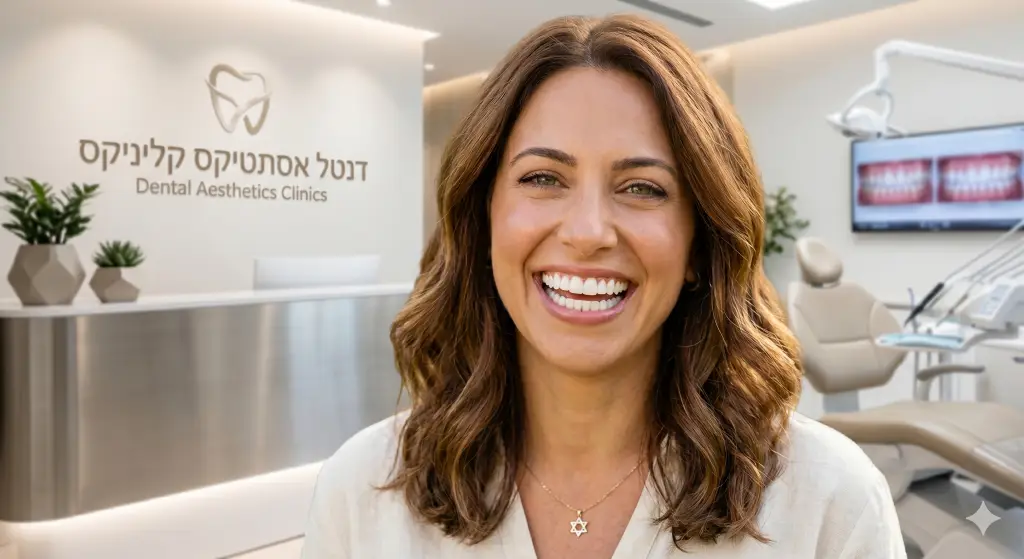 אישה לאחר השתלת שיניים בזאלית עם חיוך מלא ומבריק.