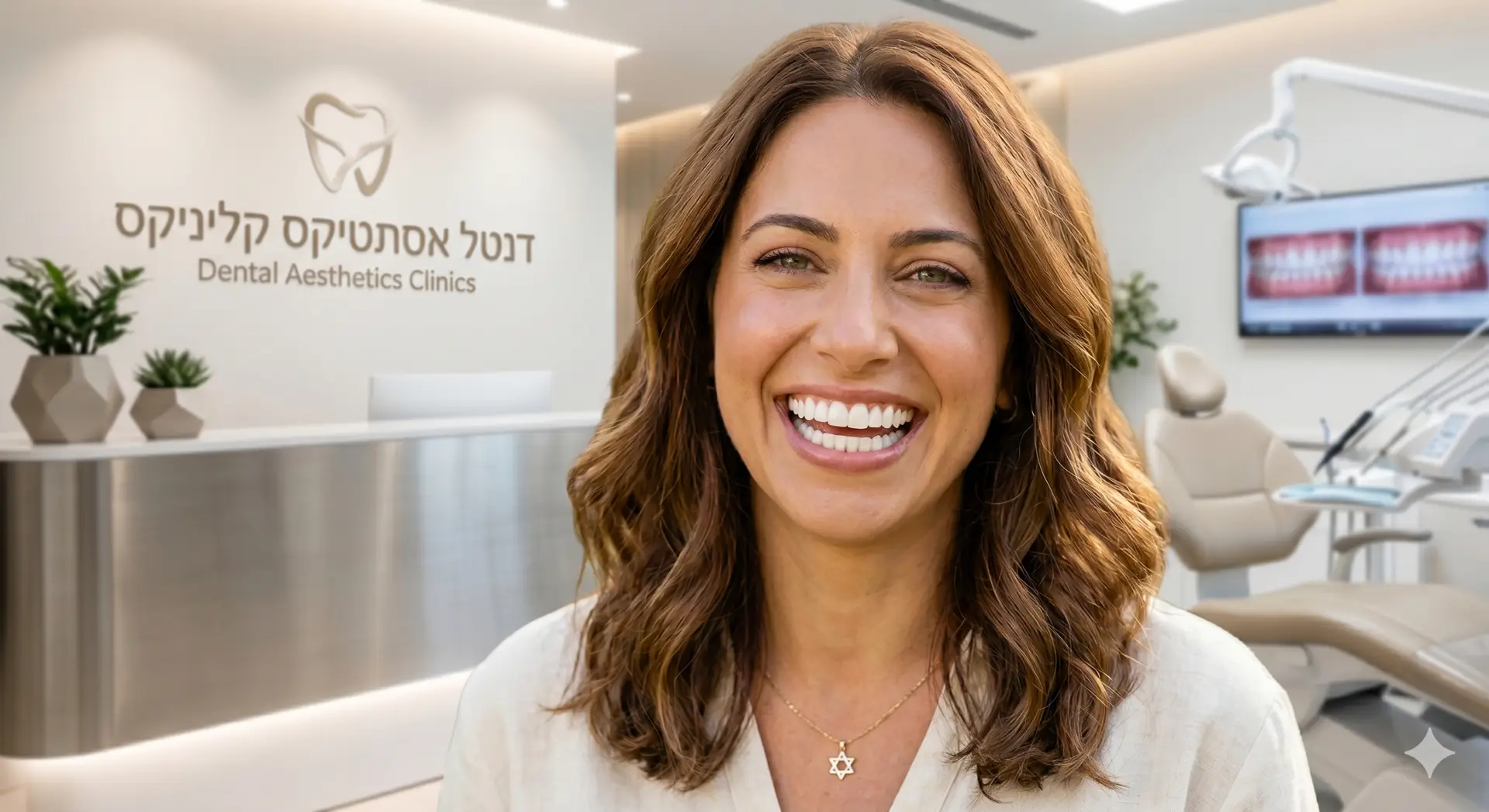 אישה לאחר השתלת שיניים בזאלית עם חיוך מלא ומבריק.